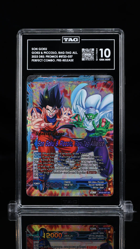 TAG 10 GEM MINT Son Goku & Piccolo, Rag-Tag Alliance Pre-Release BT23-037
